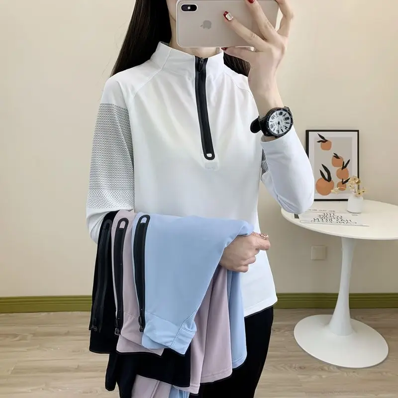 Spring Summer Outdoor Fitness Running Sun Protection Stand Collar Sweat Wicking Breathable Hiking Long Sleeved Clothes for Women