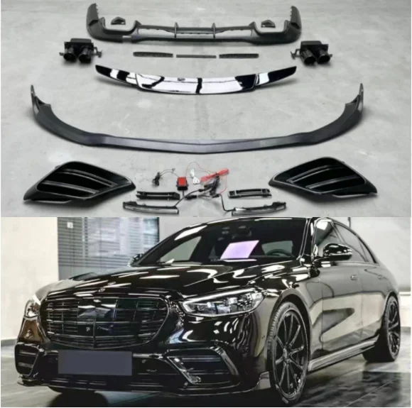 

New！ For Benz W223 S400 S450 2021-2023 Black Knight Bumper Front Lip Fog Lamp Cover Rear Trunk Diffuser Spoiler With Exhaust Tip