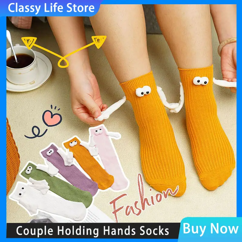 Magnetic Kawaii Women Socks Long Sock Couple Holding Hands Socks Girls Sweet Harajuku Doll Couple Cotton Couple Sox