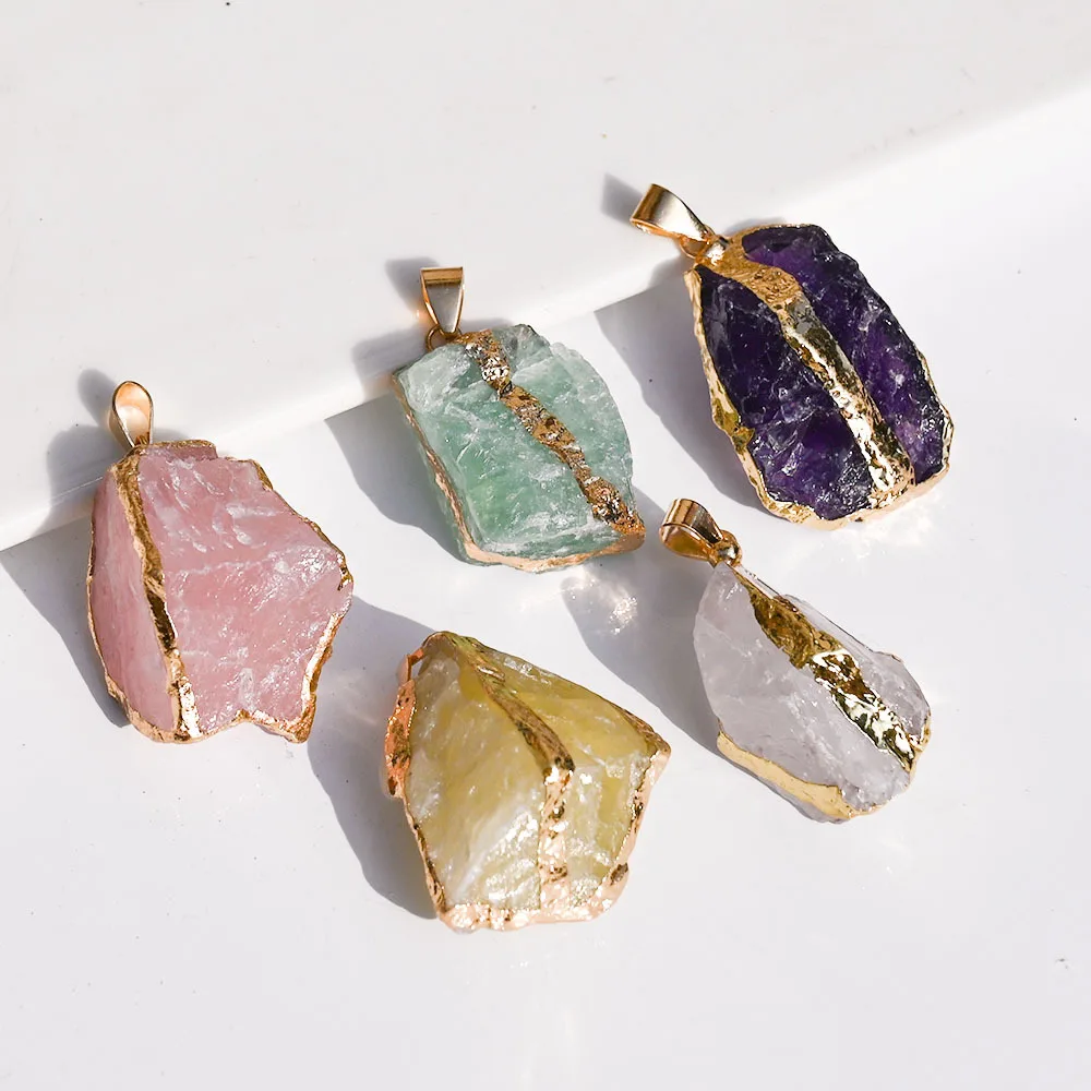 Natural Irregular Raw Stone Wire Wrapped Gilding Pendant Rose Quartz Amethyst Rough Healing Crystals DIY Jewelry Charms Necklace