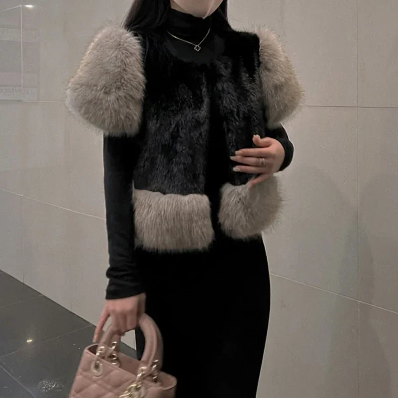 Elegant Faux Fur Vest Women Cropped Patchwork Fluffy Jacket Vintage Short Furry Coat Waistcoat Korean Party Black Plush Outwears