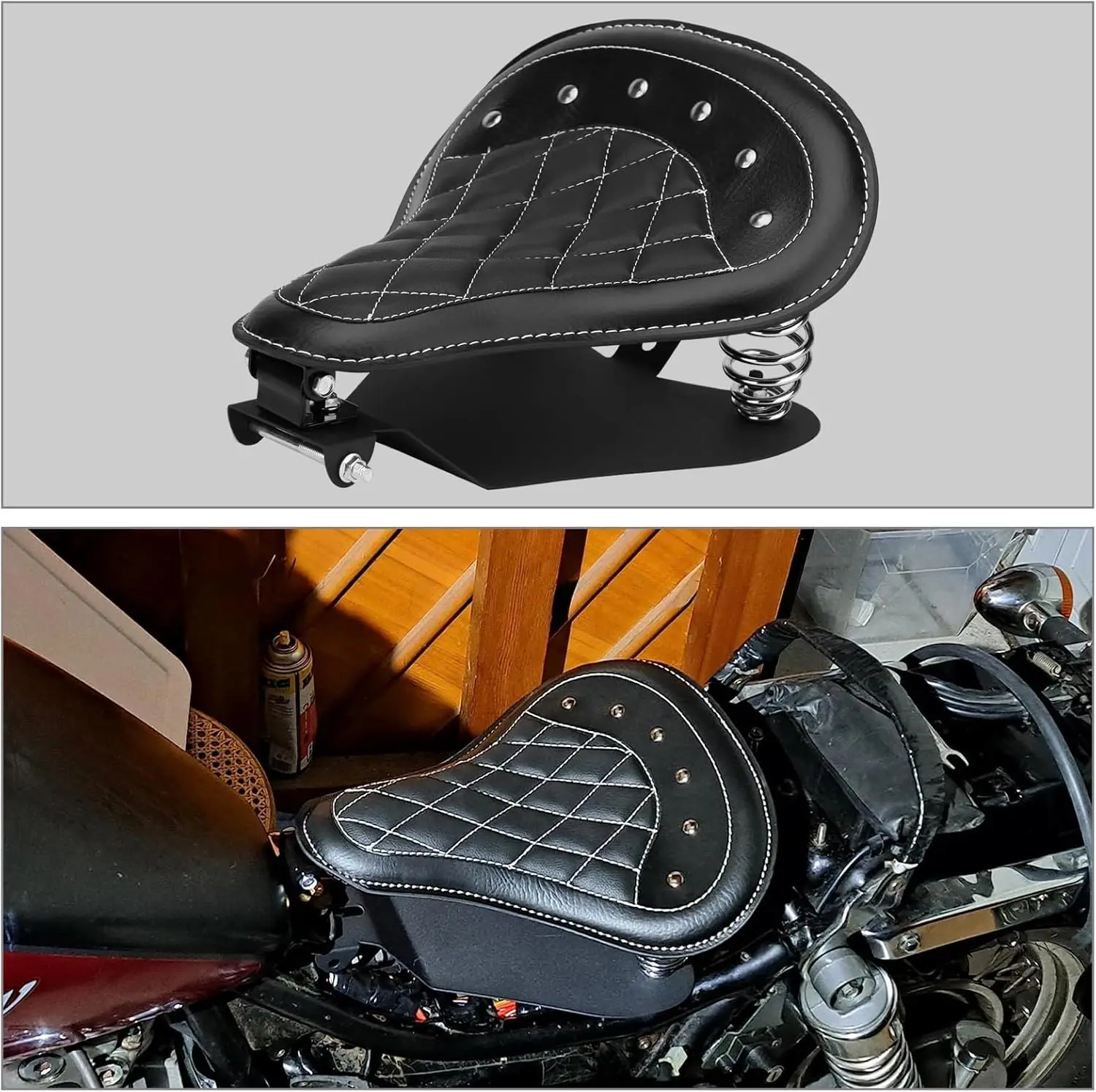 Motorcycle Solo Drive Seat Black Rhombus Leather Bobber Cushion with Mounting Seatbase Spring Bracket Kit Replacement for Harley