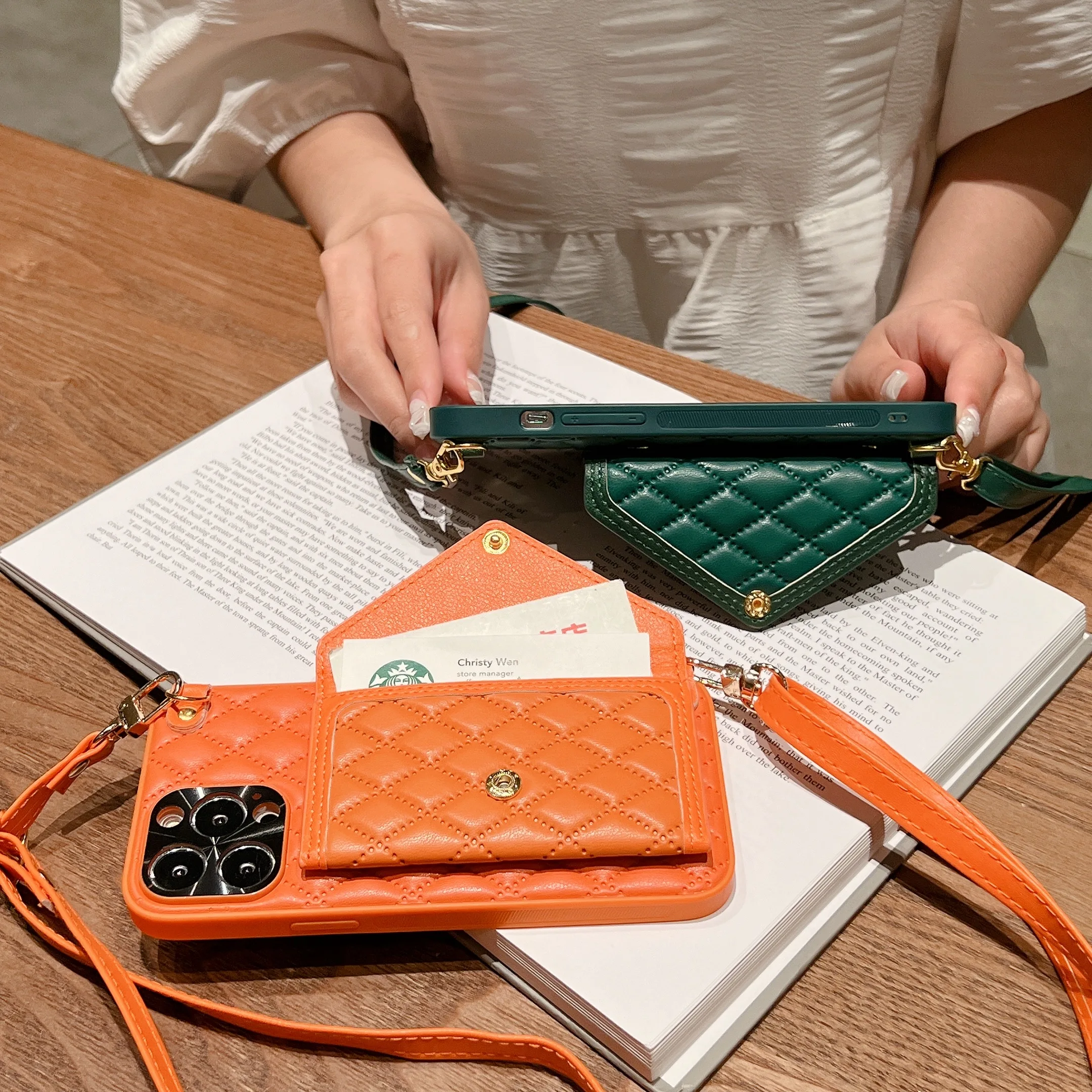 Luxury Rhombic Pattern Card Bag Lanyard Phone Cover Case For Iphone 16 15 14 13 12 11 Pro Xs Max X Xr PU Leather Coque Fundas