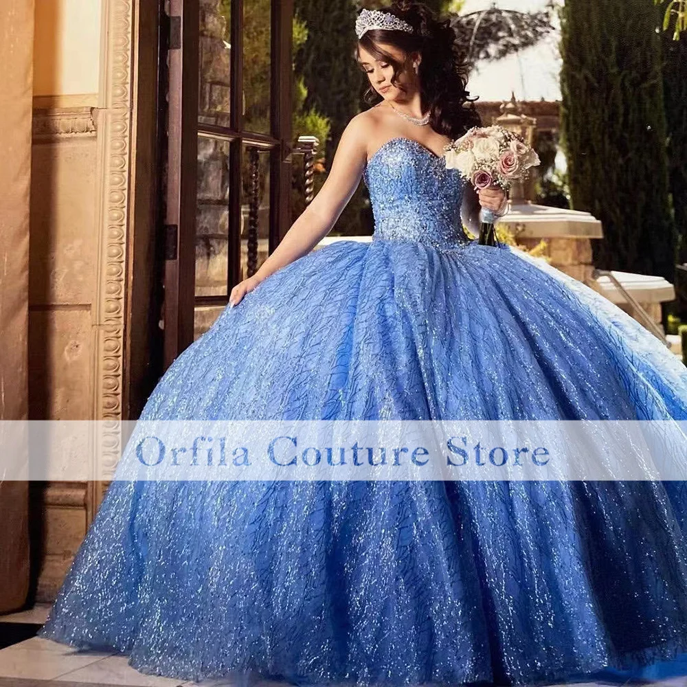 โรแมนติกสีฟ้า Sparkly Quinceanera ชุดประดับด้วยลูกปัดหวาน15 16ปีสาวเจ้าหญิงพรหม Gowns