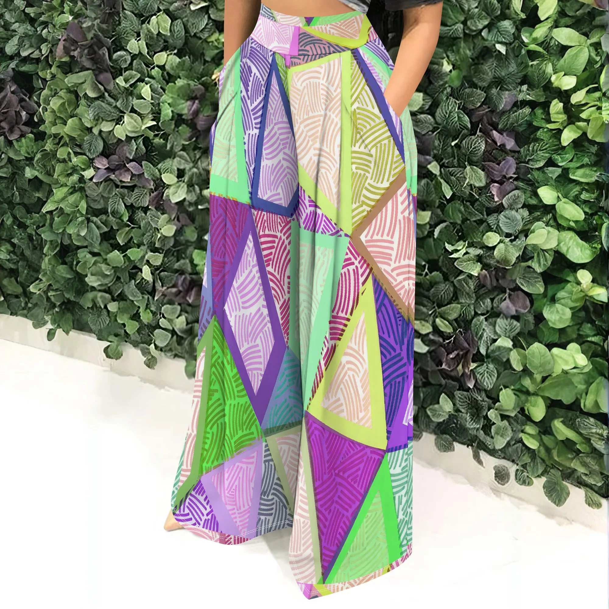 High Waist, Geometric Print Wide Leg Pants, Abstract Pattern Trousers, Colorful Palazzo Pants, Pockets, Casual Wear, S-2XL