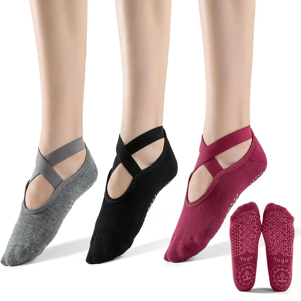 3 Pairs Yoga Socks for Women Silicone Non Slip Ballet Pilates Socks Cotton Ladies Backless Breathable Bandage Dance Sports Socks