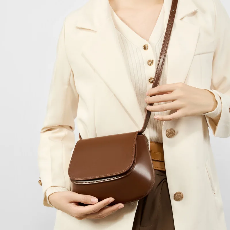 100% Genuine Leather Luxury Vintage Saddle Bag Women Shoulder Crossbody Brown 2024 Trendy  
