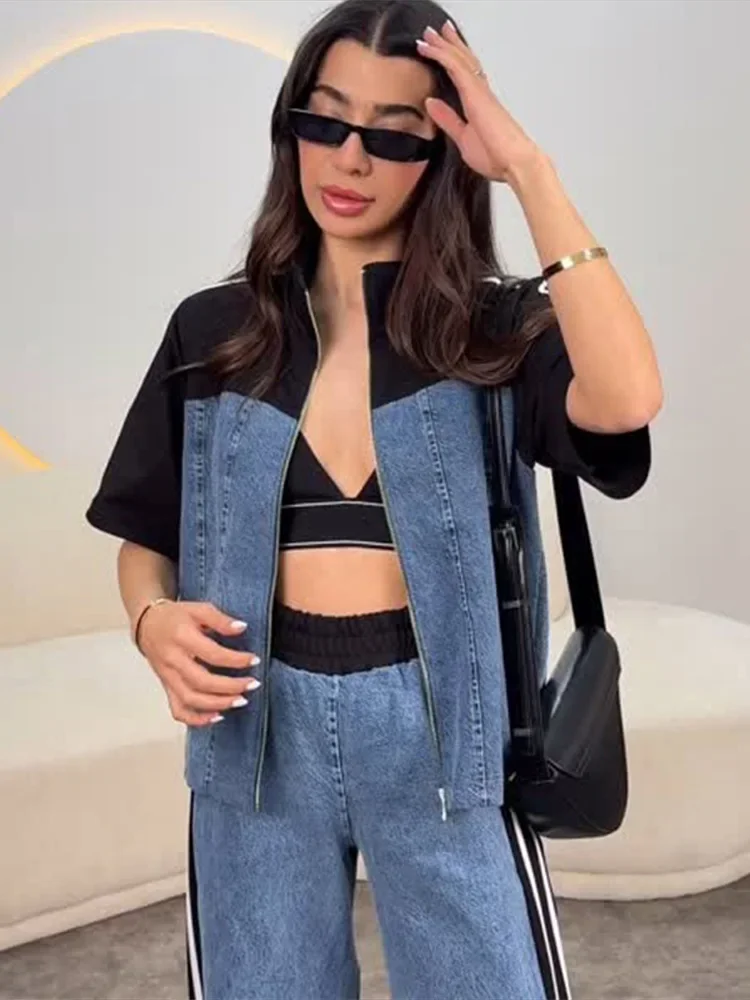 المرقعة شريط الدنيم المرأة رياضية الوقوف طوق نصف كم جاكيت زيبرا فضفاض الخصر جان الإناث 2 قطعة 2025 سيدة الزي