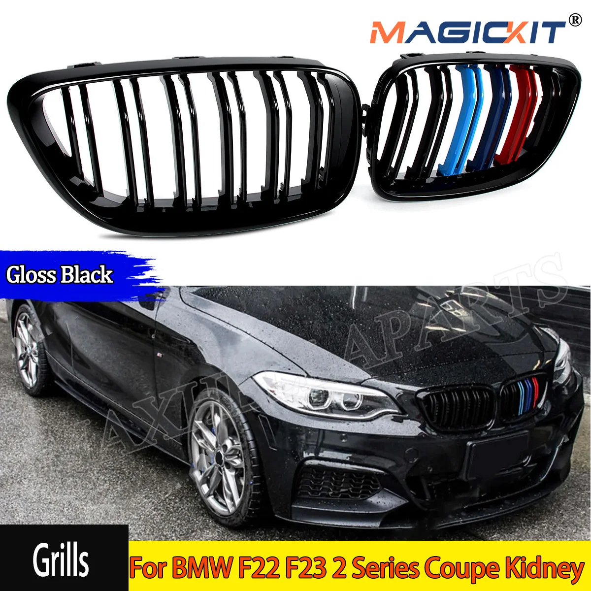 For BMW F22 F23 2 Series Coupe Kidney Gloss Black M Color M Style Grill Grilles