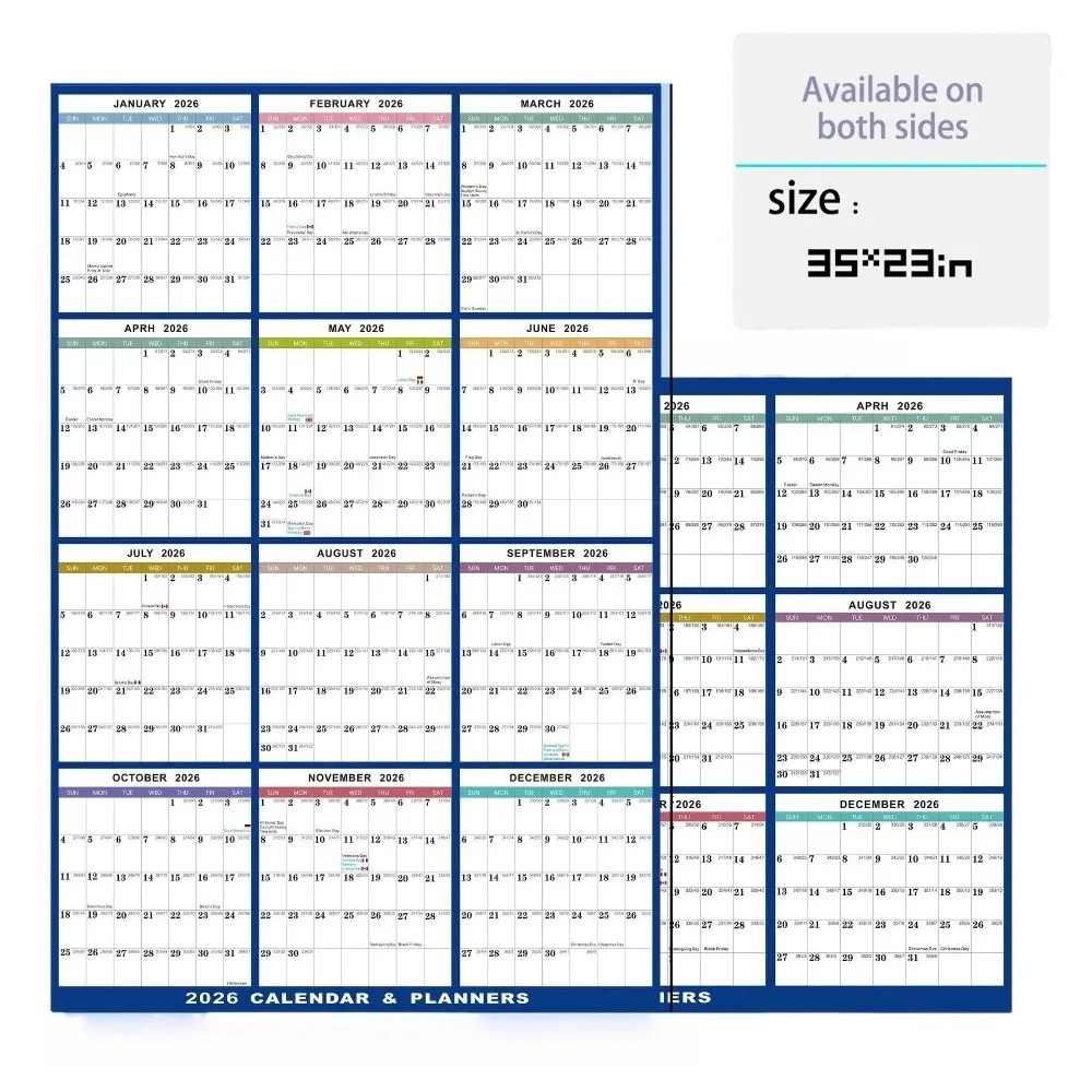 

Многоразовый двусторонний настенный календарь, подвесной с наклейками, ручками, стираемый календарь 35x23 дюймов, ежегодный ежегодный планировщик для офисного использования