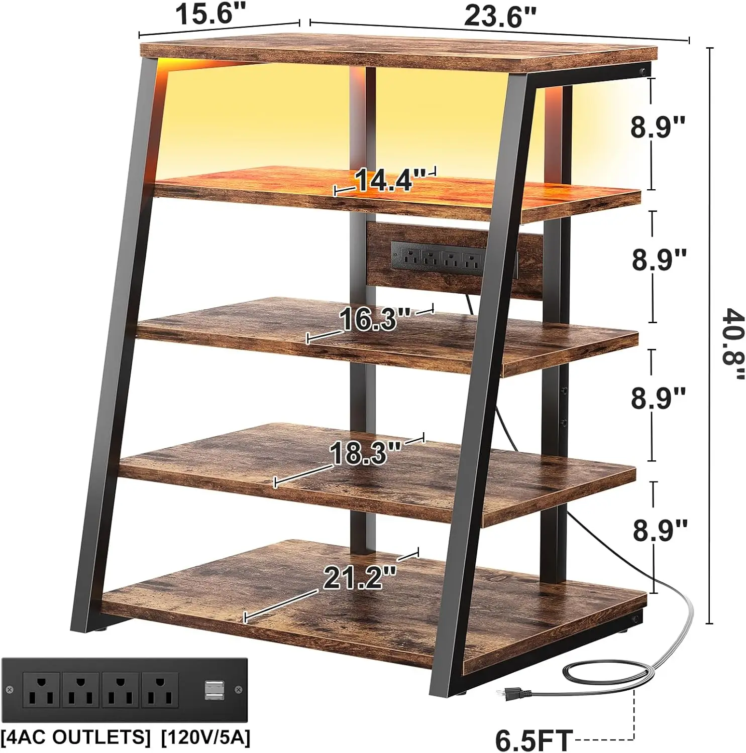 5-Tier AV Media Stand with Power Strips, Media Console with LED Lights, Audio Tower Rack with Adjustable Shelves, Stereo Stands