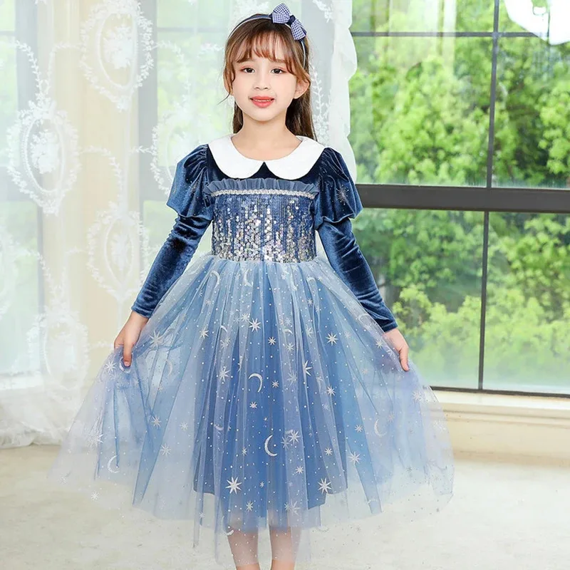 Gaun Putri Lengan Panjang Elsa Kostum Ratu Salju Anak-anak Gaun Jaring Payet Anak Perempuan Pakaian Pesta Halloween Ulang Tahun Anak-anak