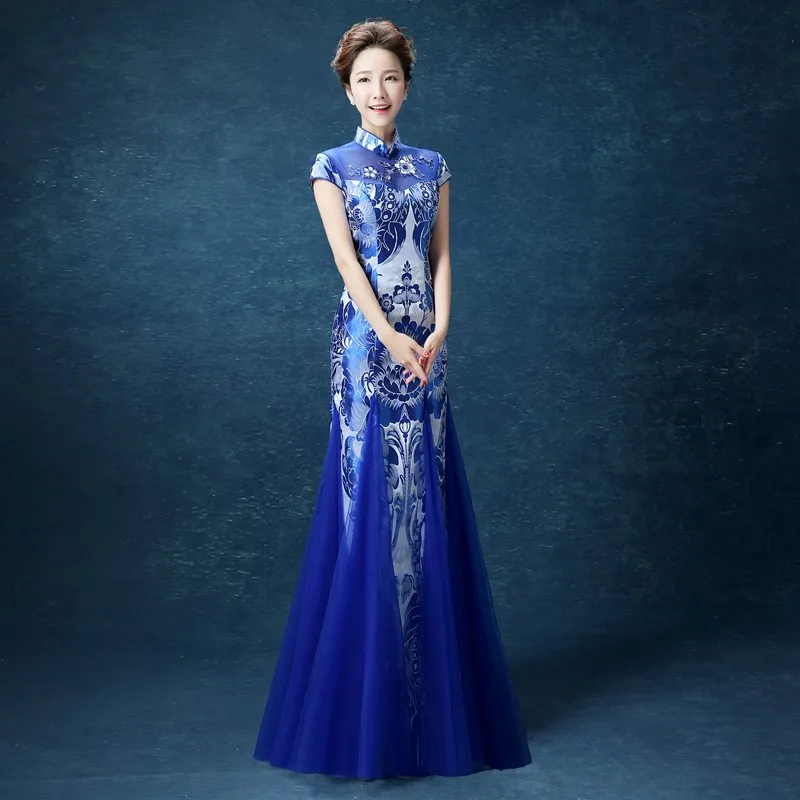 

Blue and white porcelain cheongsam female long fitted host evening dress performance improved
