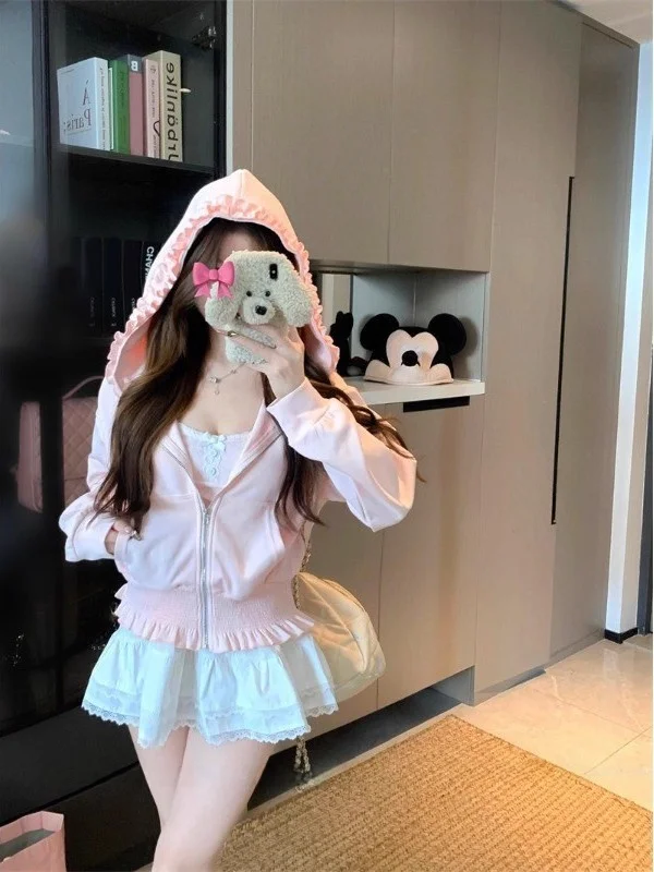 เสื้อคาร์ดิแกนมีฮู้ดสีชมพู ดีไซน์แฟชั่นสำหรับผู้หญิง รัดเอว ทรงหู ดูดี สไตล์เกาหลี แขนยาว ผ้าฝ้ายด้านใน