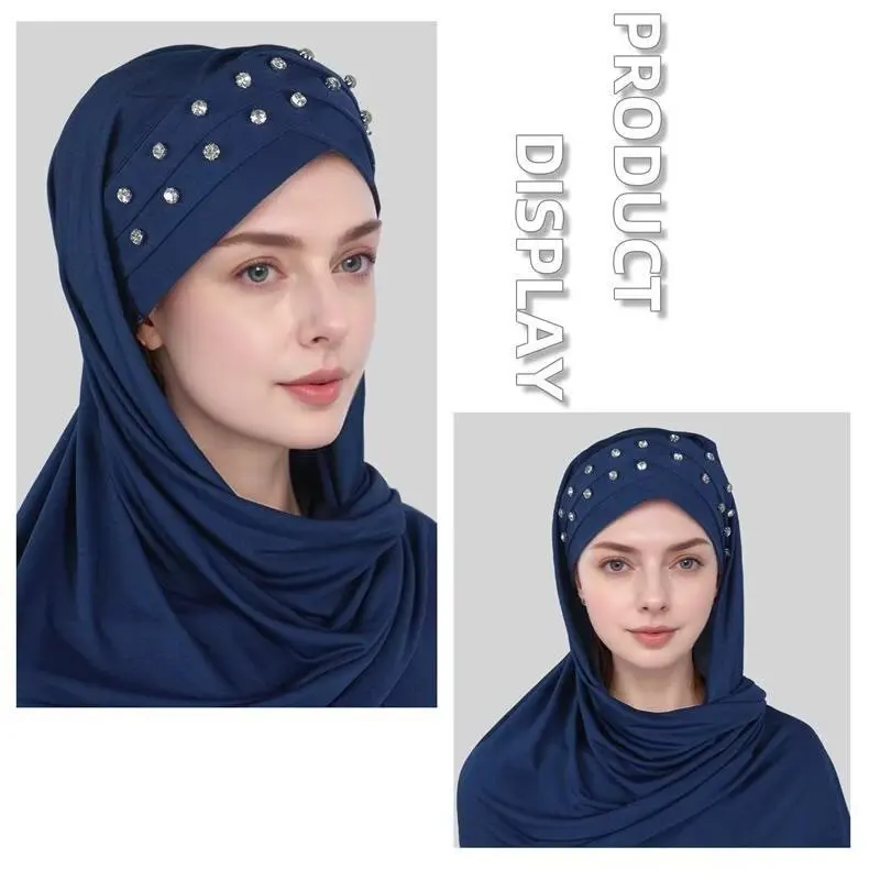 Women Turban Jersey Hijab With Stones Soft Forehead Cross Instant Hijab Shawls and Wraps Muslim Stretch Head Scarf