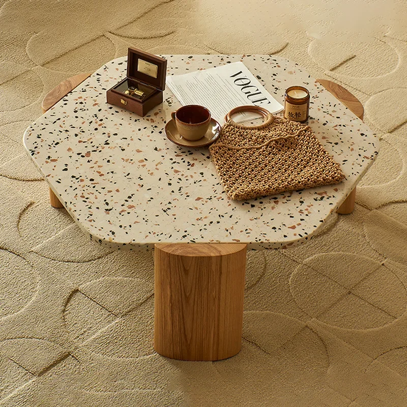 Quiet Wind Circular Terrazzo Tea Table Living Room Household Modern Simple Solid Wood Tea Table Small Unit Personalize