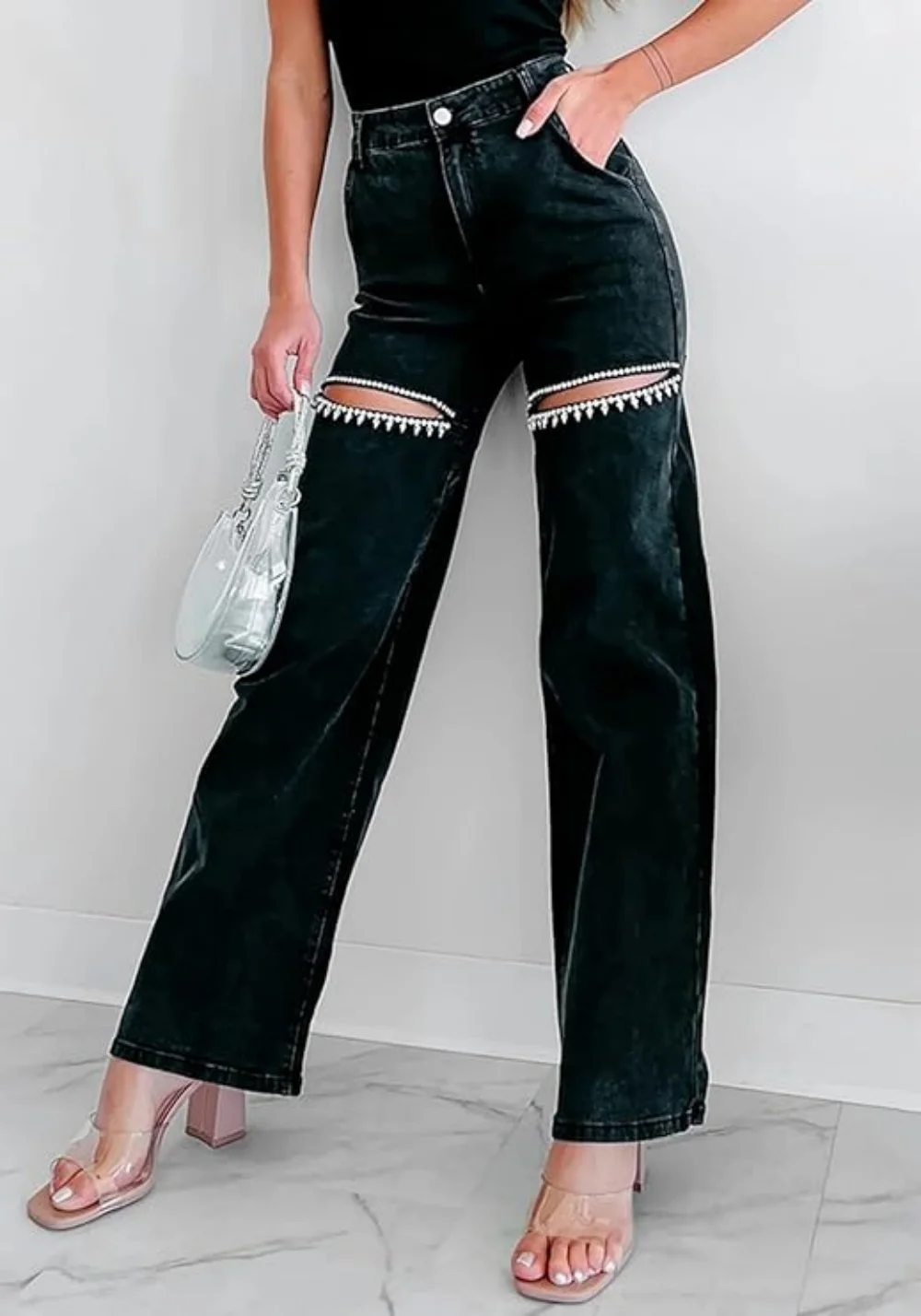 Women Denim Pants Spring Summer  Fashion Rhinestone Hollow Out  Straight Denim Pants Casual Baggy High Waist Wide Leg Jeans
