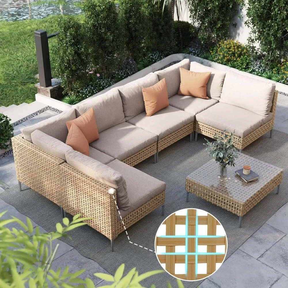 Комплект плетеной мебели для патио Grand Patio из 7 предметов, комплект для бесед на открытом воздухе в стиле бохо, секционный диван с водонепроницаемыми толстыми подушками