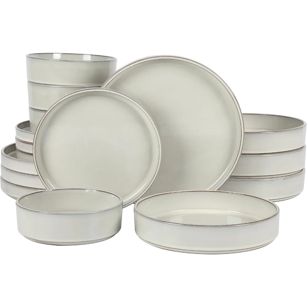

Bloomhouse Santorini Mist Double Bowl Reactive Glaze Terracotta Plates and Bowls Dinnerware Set, Moonstone White, Serving for Fo