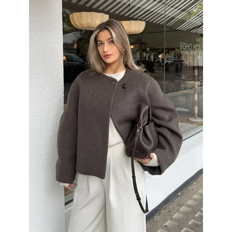 

Fashion Women Solid Round Neck Short Coat Elegant Full Sleeve One Button Loose Women's Jacket Fall Winter Daily Wear
