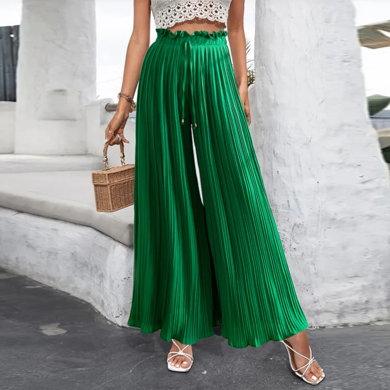 

Green Summer High Waist Drawstring Pleated Long Pants Korean Simple Multicolor All-Matched Wide Leg Pant 2024 New Lady Trouser