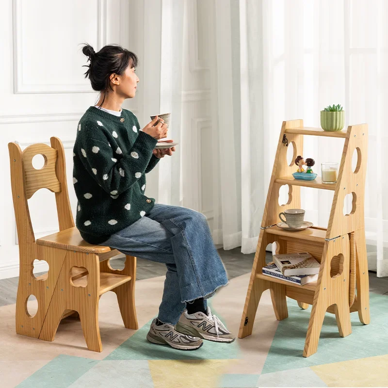 

Net Red Solid Wood Ladder Chair Storage Climbing Steps Bamboo Foldable Ladder Multi-functional Household 2 Steps Stool