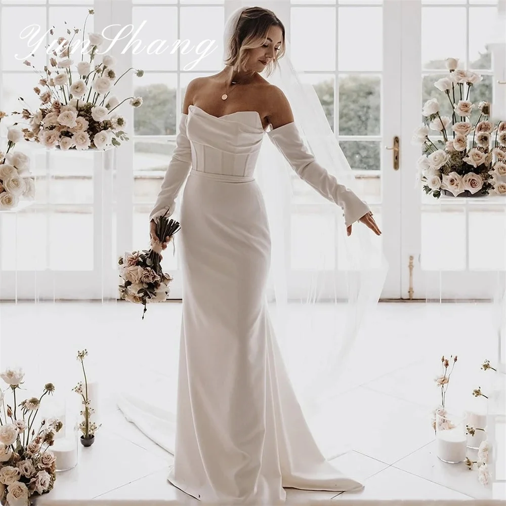 

Yunshang Eleagnt Mermaid Wedding Dress V-Neck Long Sleeve Backless Crepe Pleat Buttons Bridal Gown Sweep Train Vestidos De Novia