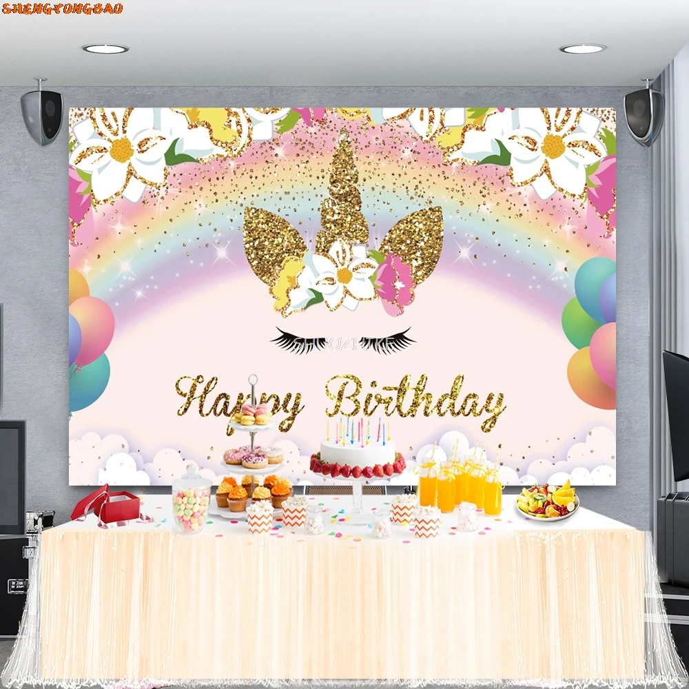 Unicorn Rainbow Happy Birthday Party Backdrop Flower Gold Glitter Unicorn Baby Shower Girl First Birthday Photography Background