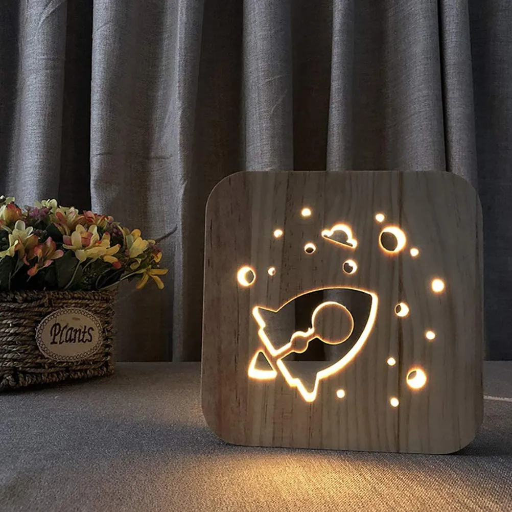 

1Pcs Wooden Rocket Night Light 3D Carved Hollow LED Lamp for Bedroom Dorm Living Room Baby Room Office USB Powered Creative Home