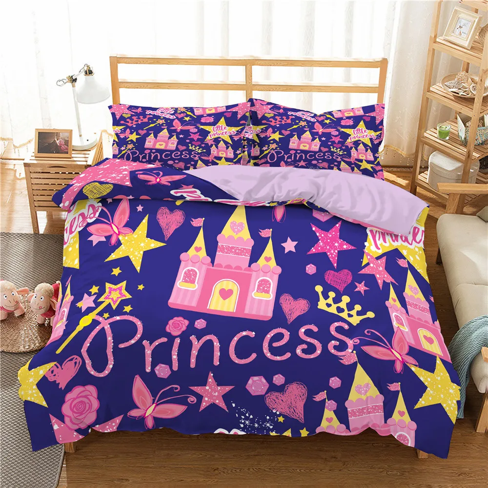 

Kids Cartoon Duvet Cover Set Full/Queen Microfiber 3D Bedding Set Soft Pink Castle Princess Comforter Cover with