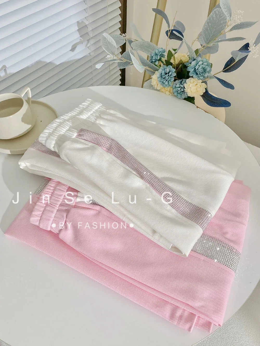 Fashion High Waist Rhinestone Pink Straight-Leg Pants Women 2023 Autumn Korean Style Loose Cotton Elastic Waist Wide Leg Pants