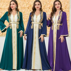 Abaya musulmane à manches longues et col en V pour femmes, ensembles assortis, robe en polyester violet, manteau élégant, été, 2 pièces