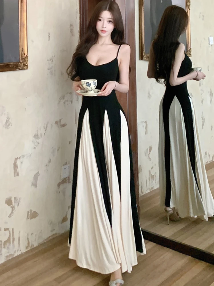 Feminino coreano vintage hepburn luxo vestido longo verão preto retalhos branco babados vestido 2025 elegante bodycon sexy estilingue vestido