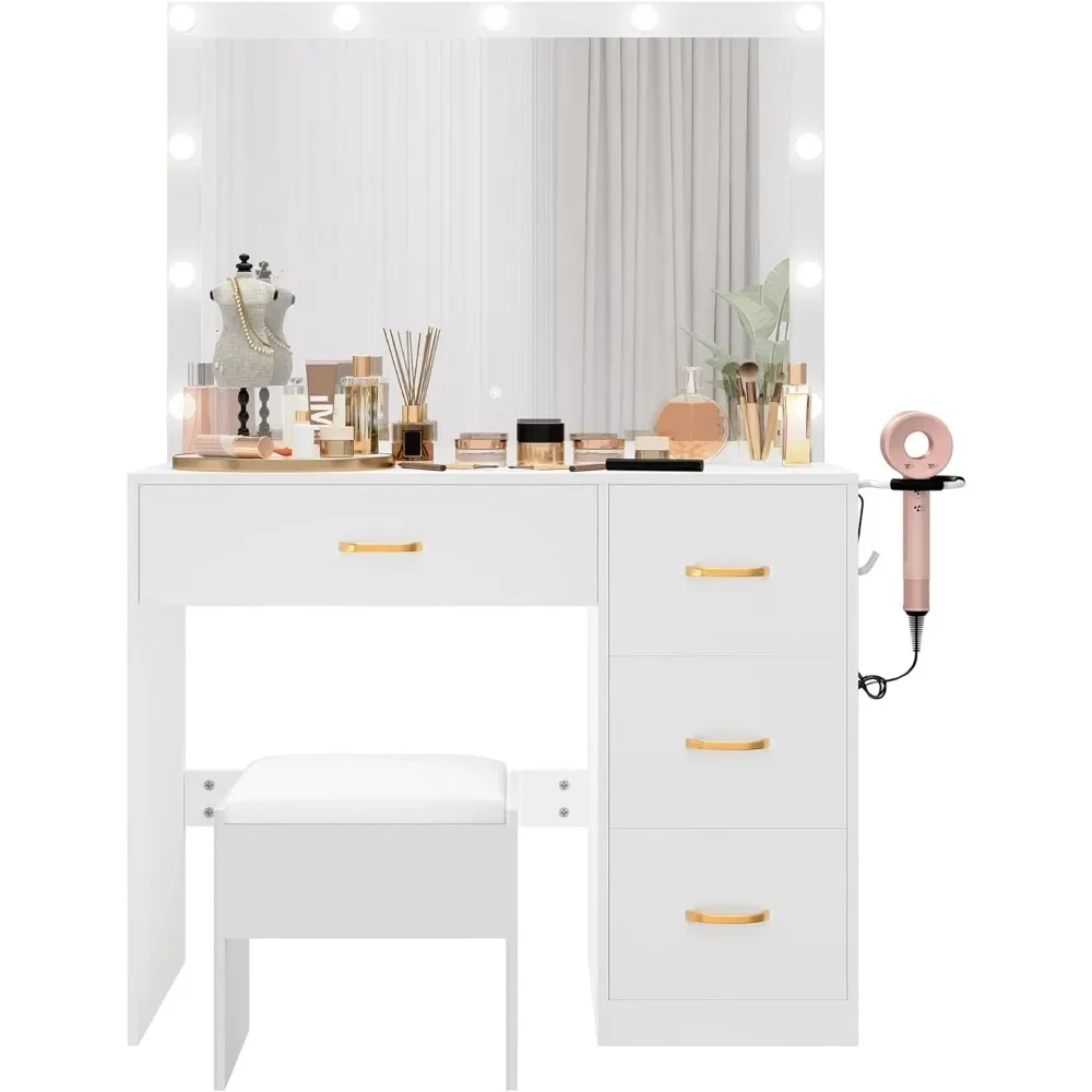 Makeup Vanity Desk Set Pearl-White 3 Color Lighting Modes Make Up Table Makeup Vanity With Large Lighted Mirror Furnitures Light