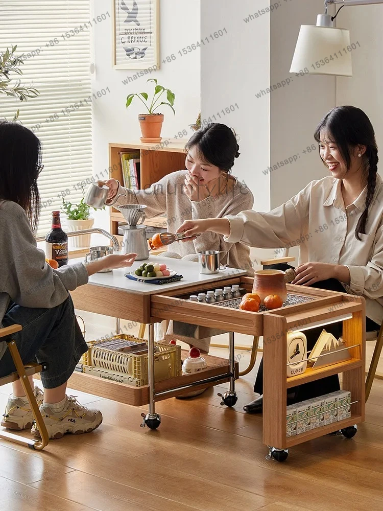 Furniture Cherry Wood Movable Fireplace Tea Brewing Solid Wood Tea Cabinet Extendable Tea Table