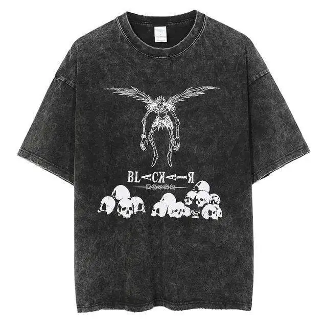 T-shirt vintage délavé imprimé rétro Death Note Misa Amane Rem, collection été 2026, streetwear oversize, tee-shirt graphique anime pour hommes et femmes