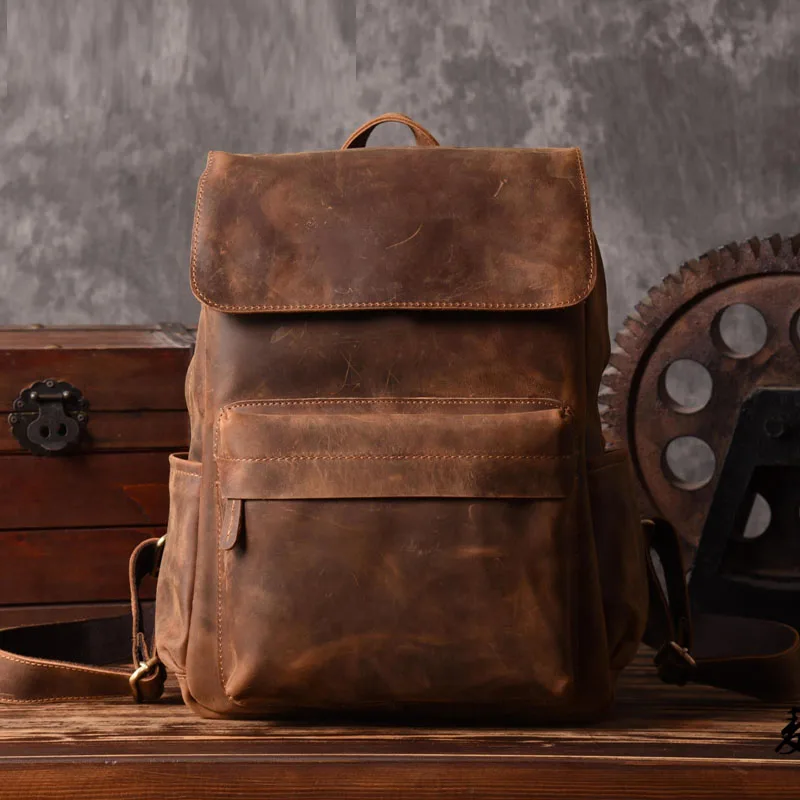 Vintage Genuine Leather Backpack Men Bagpack Bag mochila Crazy Horse Leather Male Hiking Rucksack Daypack Laptop Case