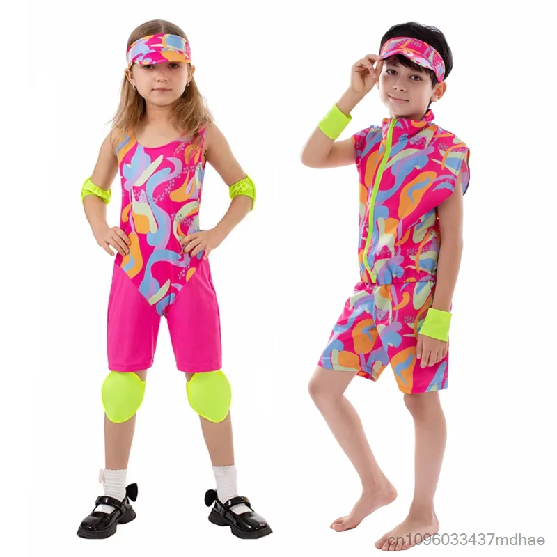 

Retro Sport Junge Pink Vest Shirt Shorts Set Skating Party Performance Dress Up 80s Disco Skater Workout Mädchen Cosplay Costume