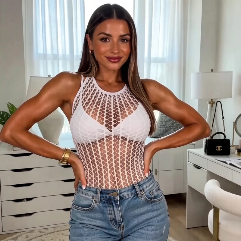 Women Summer Bodycon Top Beach Cover Up Hollow Out Beachwear Without Underwear Sheer Mesh Fishnet Dress Music festival Swimsuit
