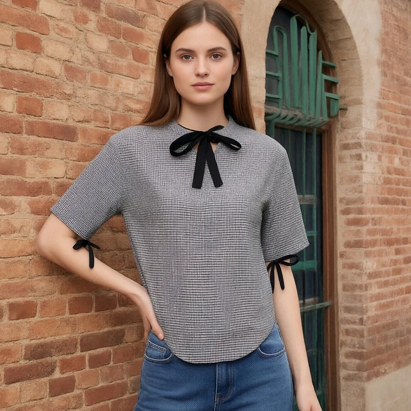 

Новая модная женская рубашка оверсайз в клетку с бантом и шнуровкой, с коротким рукавом, элегантная свободная блузка больших размеров