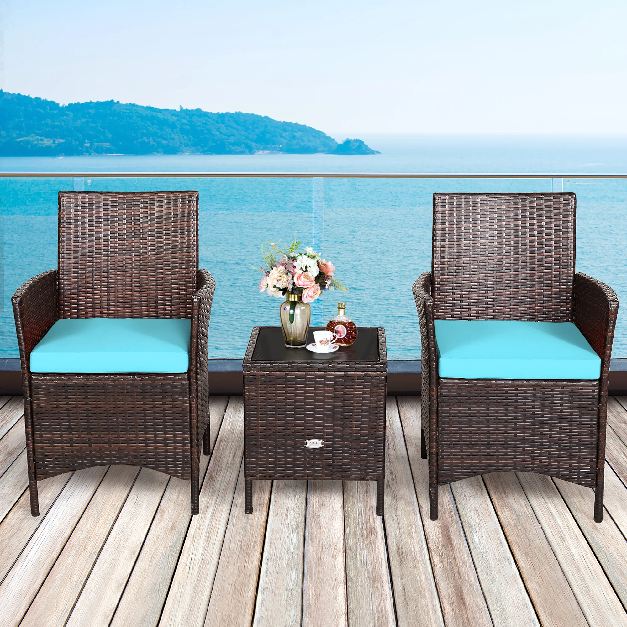 3PCS Patio Rattan Furniture Set Cushioned Sofa Glass Tabletop Deck Blue