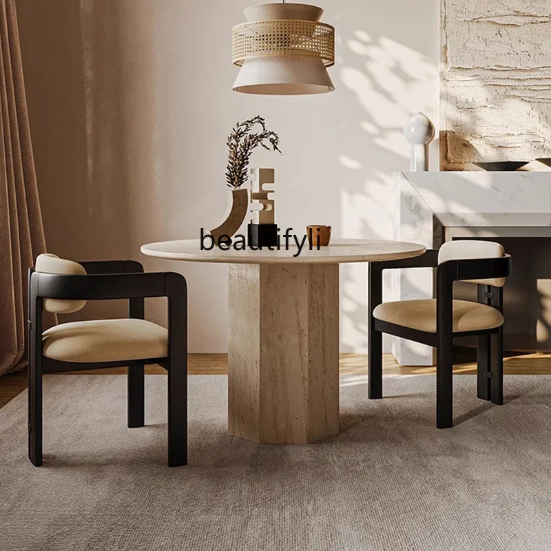 Natural travertine round dining table, living room, household wabi sand luxury stone high-end minimalist dining table