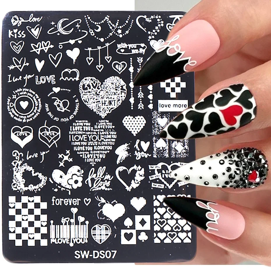 Cartoon Love Heart Nail Art Stamping Plate Drawing Template Plaid Letter Star Moon Valentine 3D Image Stencil Mold Printing Tool