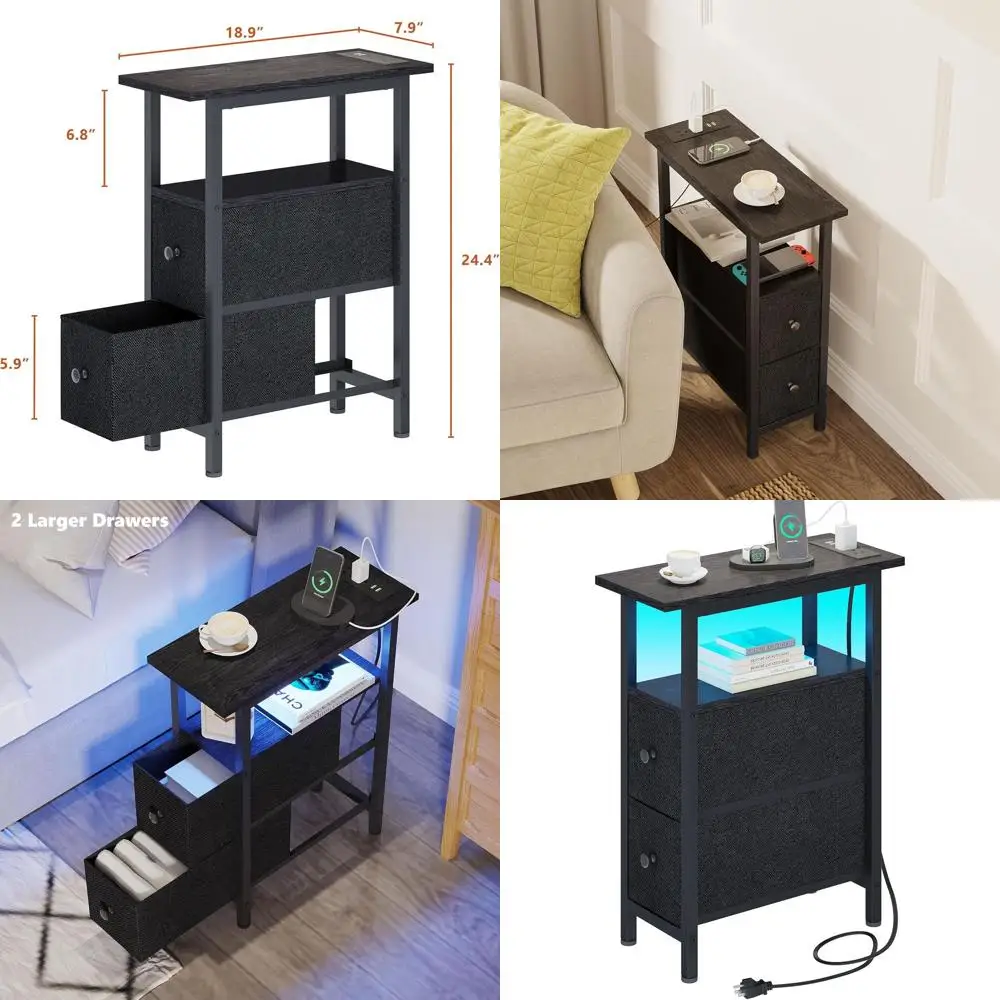 

Black Slim Nightstand with 2 Fabric Drawers, LED Light, and Charging Station for Bedroom and Living Room