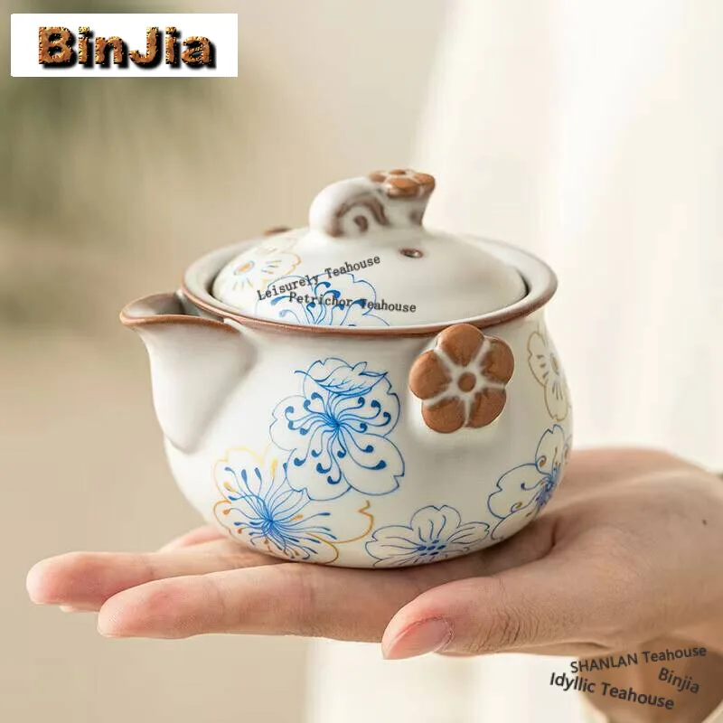 

160ml Blue Peach Blossom Tea Pot Set Household Hand Grasp Pot Teapot 1 Pot 2 Cups Set Tea Brewing Kettle Tea Services Decoration