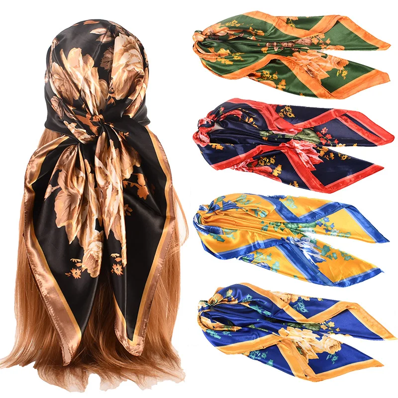 Autumn New Flower Satin 90cm Square Scarf Women Scarves Fashion Luxury Replica Brands Trending Products 2024 Modal Scarf