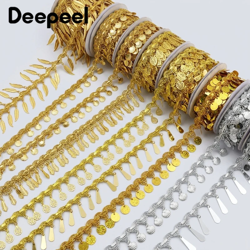 

2/5/9Yards Sequins Lace Gold Silver Pendant Fringe Tassel Stage Wedding Dress Cosplay Clothes Ribbon Trim DIY Sewing Accessories