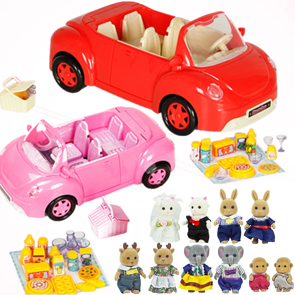 Forest Animal Family 1:12 Dollhouse Red Car Elephant Action Figure Furniture Autobus Pretend Play House Toy Girl Birthday Gift