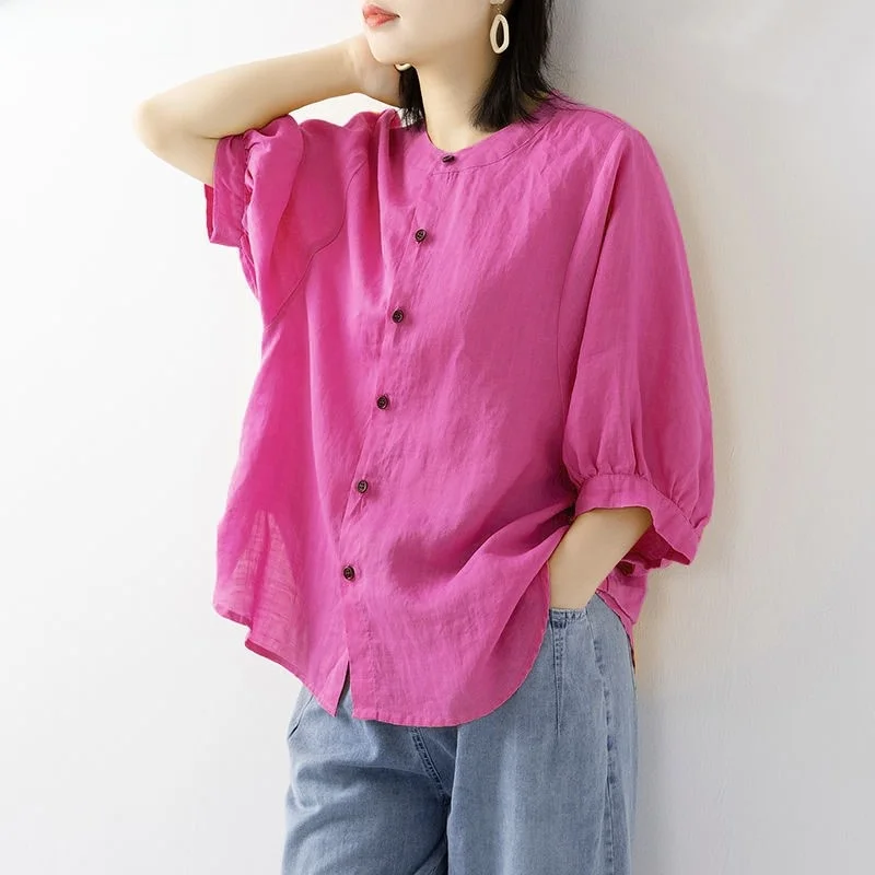 Linho Batwing Sve irt Feminino f Sve Tagl Design Commute Sle redondo Ne Pure Color Summer Faion Ladies' irt