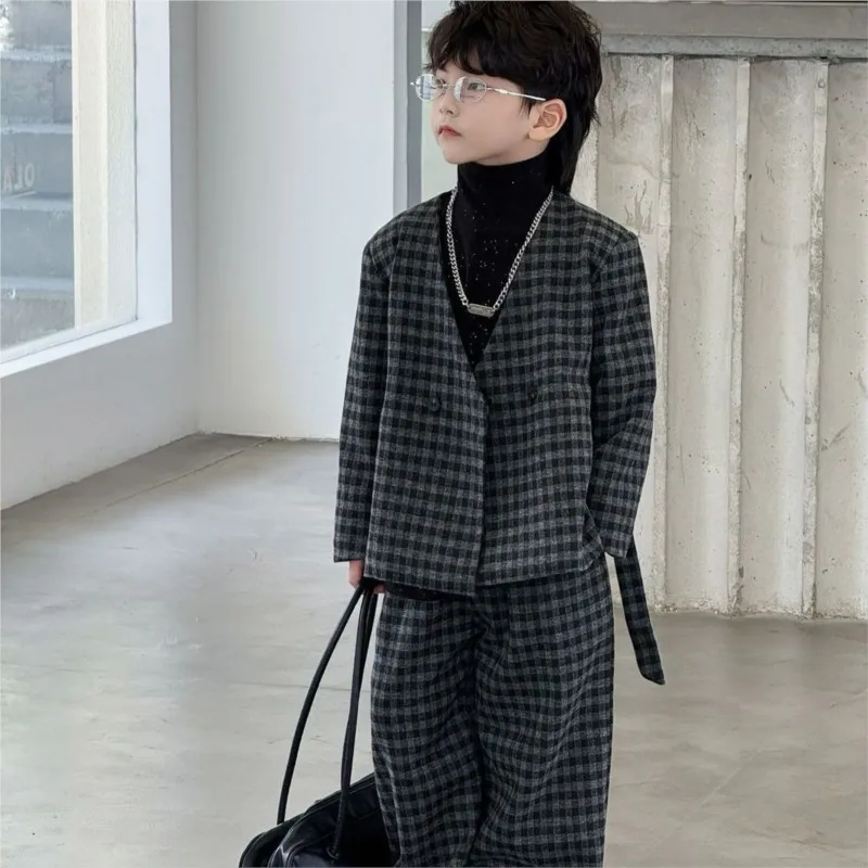 

Детское модное пальто с длинными рукавами и брюками, комплект из 2 предметов, осень 2026, новый корейский пиджак в клетку, костюм для выступлений на фортепиано LI784